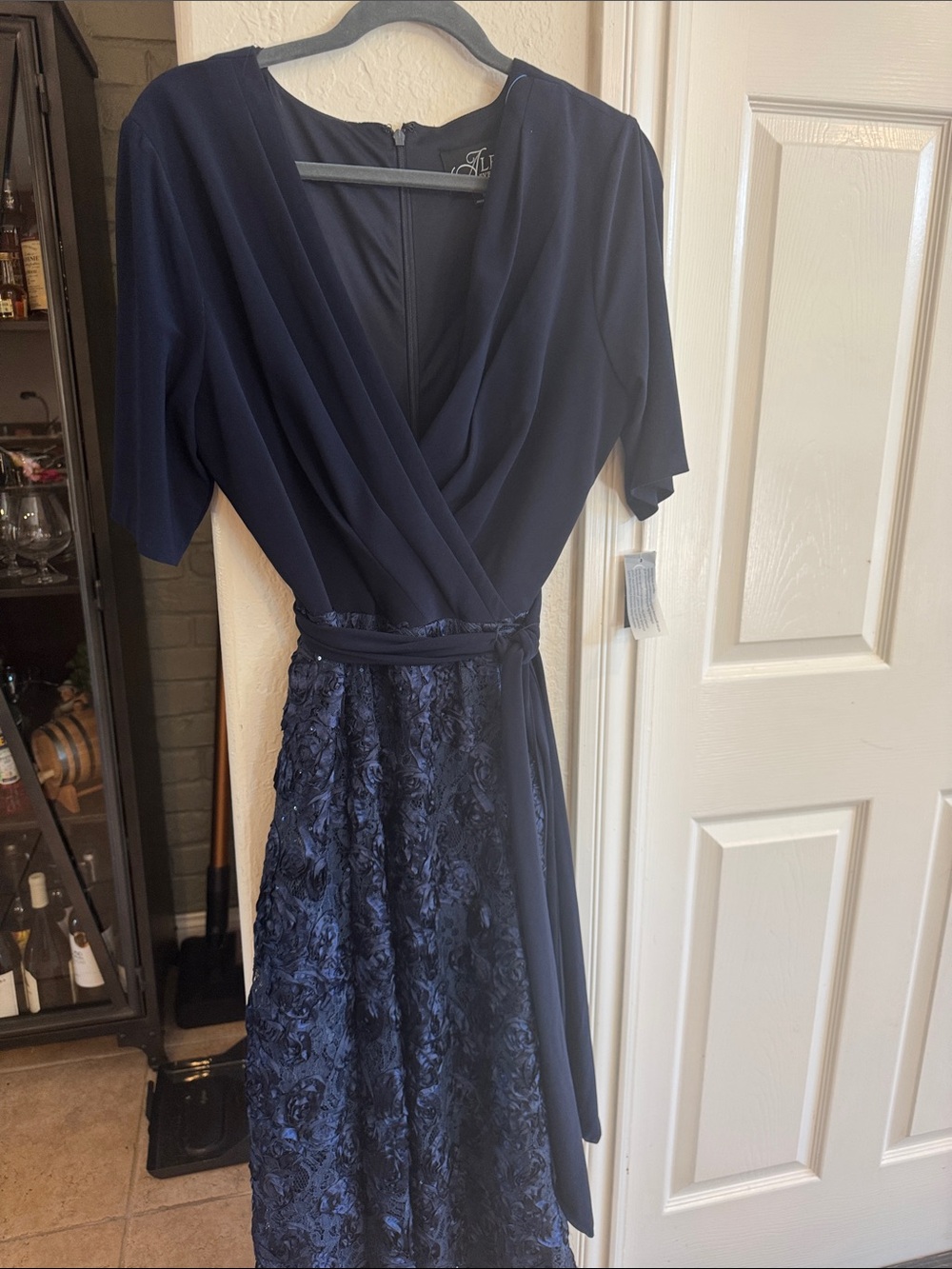 Navy Lace Skirt Wrap-Front Midi Dress
